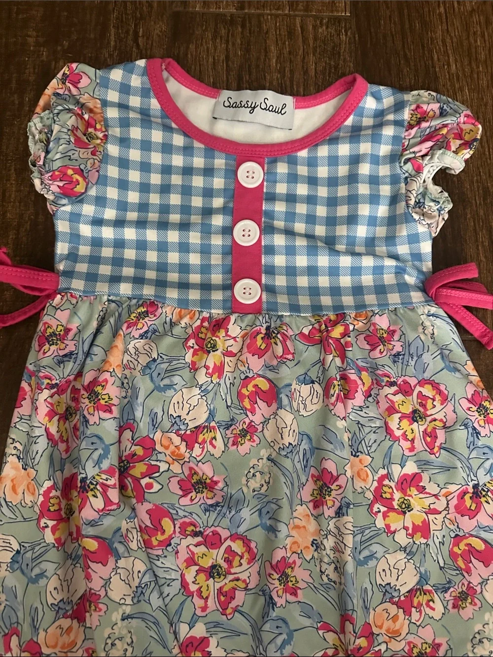 Girls Blue Gingham & Pink Floral Dress